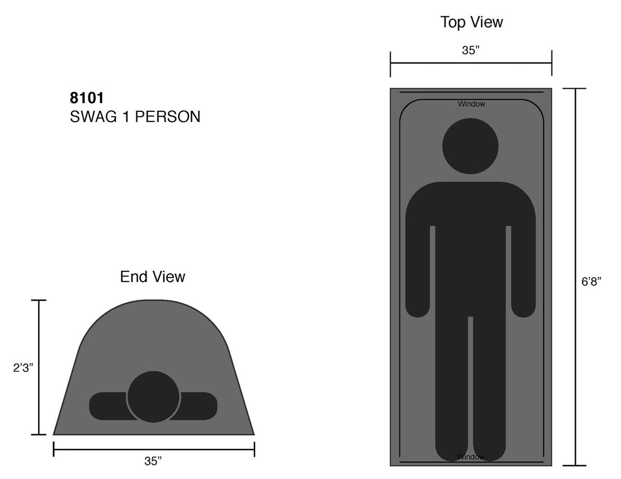 Swag 1 Person tent, grey color, dimensions 35" width x 6'8" height, ideal for outdoor camping.