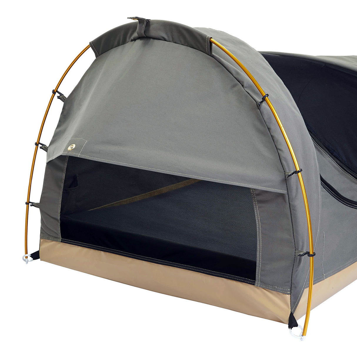 Gray camping tent with yellow poles and mesh window, designed for outdoor durability and ventilation.