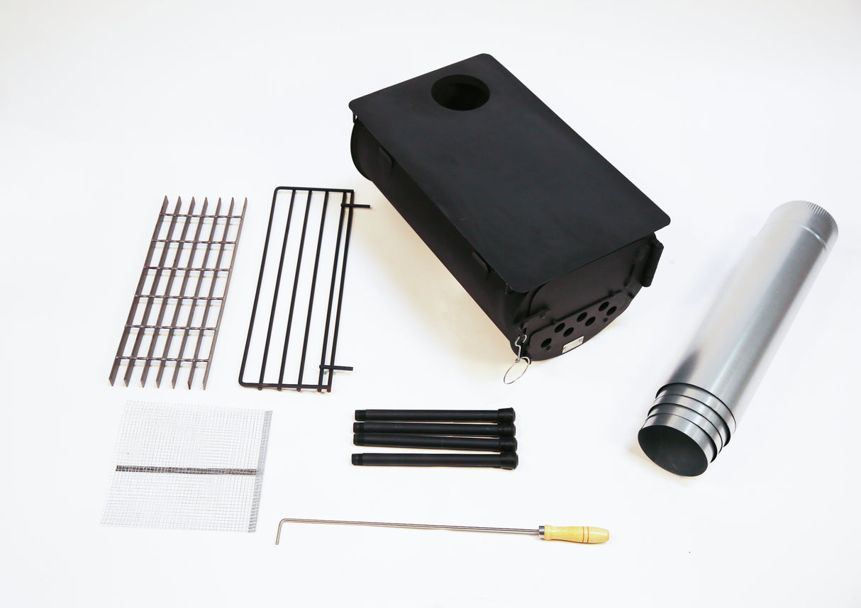 Black portable camping stove kit with grill, chimney, tools, and accessories for outdoor cooking.