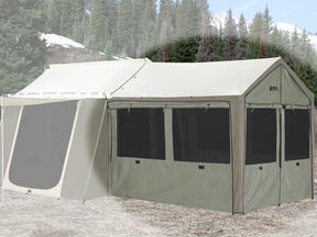 Spacious beige and green camping tent with mesh windows, perfect for outdoor adventures.