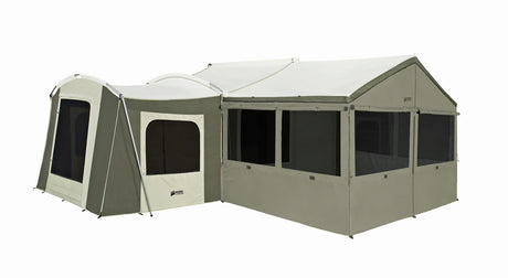 Enhance your living space, or create the perfect leisure area with a wall enclosure for the 12x8 ft. deluxe awning on your cabin tent (model #6160). Made with polyester denier cloth. The bottom has a poly fringe “sod cloth” to help seal out crawling critters. Six large screened windows offer openness and air flow. The no-see-um screen mesh keeps out the smallest bugs. Zip the windows down for privacy, or to batten down the hatches. Features a zippered front entry.