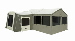 Spacious olive green camping tent with mesh windows and a large canopy, perfect for outdoor adventures.