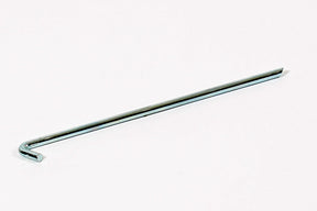 Metal tent stake in silver color, sturdy design for secure anchoring in outdoor settings.