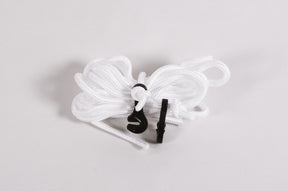 White elastic bungee cord with black hooks, versatile for securing items, 5 feet long.