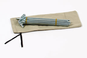 Set of durable steel tent stakes with carrying case, ideal for camping and outdoor adventures.