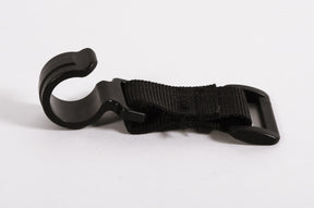 Black hook and strap, durable material, perfect for securing items or outdoor gear.