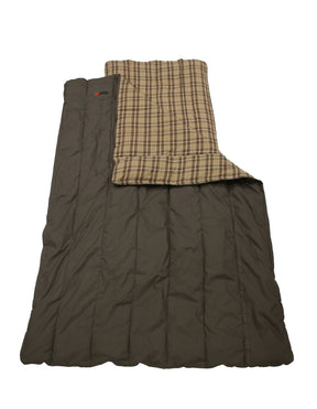Brown plaid camping sleeping bag, durable fabric, warm insulation, spacious design for outdoor comfort.