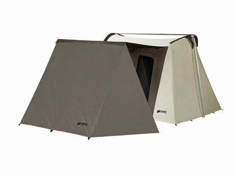 High-quality two-room camping tent in olive green and beige, durable fabric, weather-resistant design.
