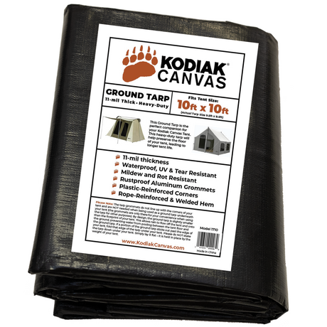 Kodiak Canvas 10x10 ft heavy-duty ground tarp, 11-mil thick, waterproof, UV resistant, with rustproof grommets.