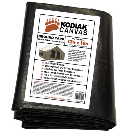 Kodiak Canvas Ground Tarp, heavy-duty, 12ft x 16ft, waterproof, UV & tear resistant, 11-mil thickness.
