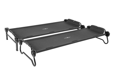 Black double camping cot with durable fabric and sturdy metal frame for outdoor relaxation.