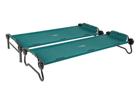 Durable double cot in teal fabric, featuring a sturdy metal frame and easy-roll wheels for portability.