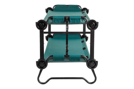 Durable teal folding dog bed with sturdy black metal frame and wheels for easy mobility.