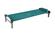 Durable teal camping cot with steel frame, ideal for outdoor use, lightweight and easy to set up.