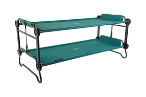 Collapsible two-tier camping cot in teal color with durable fabric and steel frame for outdoor use.