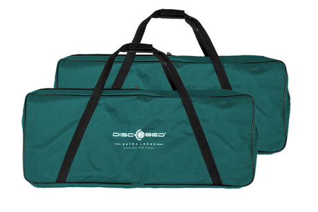 Two teal extra large disc bed storage bags with black straps for outdoor use.