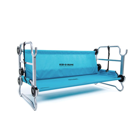 Kid-O-Bunk portable kids' bunk bed in blue with durable fabric and aluminum frame for camping.
