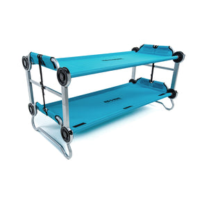 Two-tier collapsible camping cot in vibrant blue with durable fabric and sturdy aluminum frame.