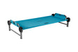Blue portable camping cot with sturdy gray metal frame for outdoor relaxation and comfort.