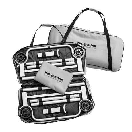 Kid-O-Bunk portable bunk bed in a compact carrying bag, made of durable materials for easy transport.