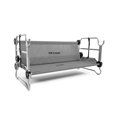 Kid-O-Bunk portable gray camping cot with aluminum frame and wheels, perfect for kids and outdoor adventures.