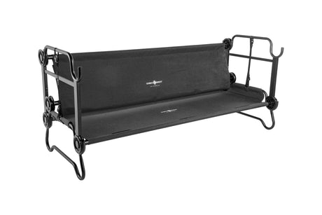 Black portable camping bed with sturdy metal frame and comfortable fabric for outdoor use.
