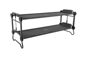 Black camping cot with two-tier design, durable fabric, and sturdy metal frame for outdoor use.