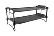 Black collapsible camping cot with two sleeping areas and sturdy frame for outdoor use.