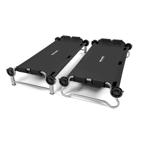 Set of two black folding cots with sturdy metal frames and wheels for easy transport.