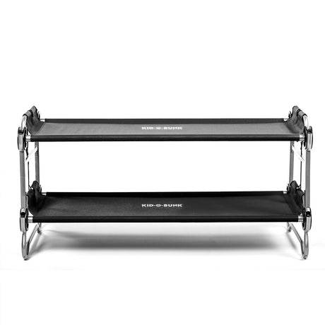 Kid-O-Bunk portable bunk bed in black fabric and silver frame, perfect for kids and camping.