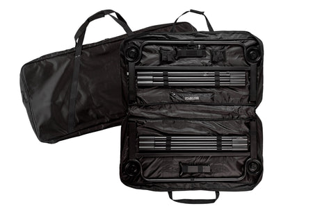 Foldable black stabilizer carry case made of durable material with handle and wheels for easy transport.