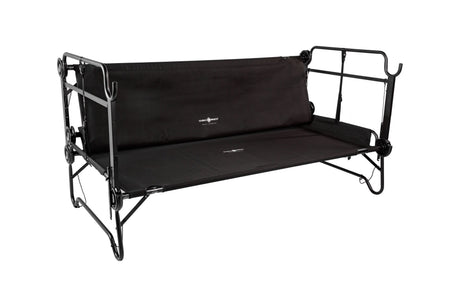 Black portable folding cot with sturdy metal frame and durable fabric, ideal for camping and outdoor use.