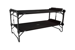 Black double deck collapsible cot with sturdy metal frame and durable fabric for camping and outdoor use.