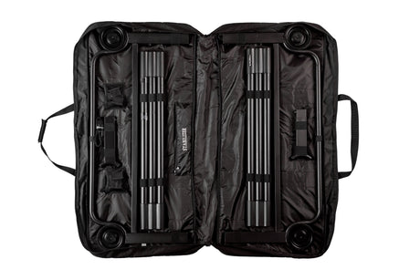 Black carrying case for stabilizer, features adjustable straps, wheels, and organized compartments for gear.