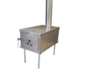Compact stainless steel camping wood stove with chimney and adjustable air vent for outdoor use.