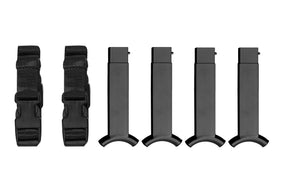 Set of 4 black magazine pouches with adjustable straps for secure attachment and easy access.