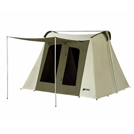 model 6010 Kodiak Canvas camping tent in olive green with large windows and extended canopy for outdoor camping gear.