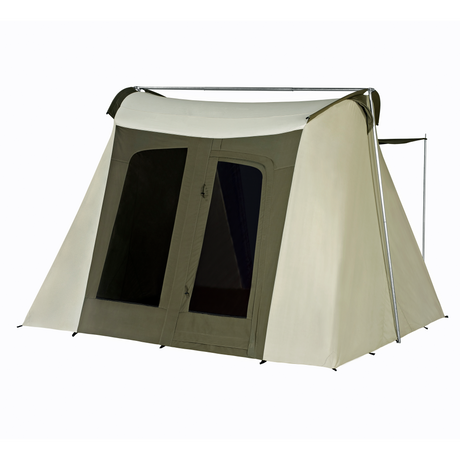 Spacious two-tone camping tent in olive green and beige, durable fabric with large front doors.