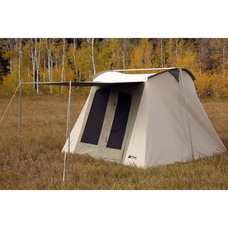 Beige outdoor camping tent with windows, designed for spacious group gatherings and durability.