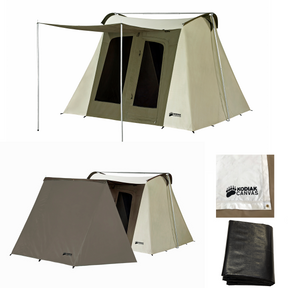Kodiak Canvas camping tent in tan and olive green, durable waterproof material, spacious with included awning.