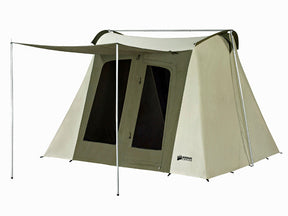 Spacious outdoor camping tent in green and beige, made of durable fabric with large windows and awning.
