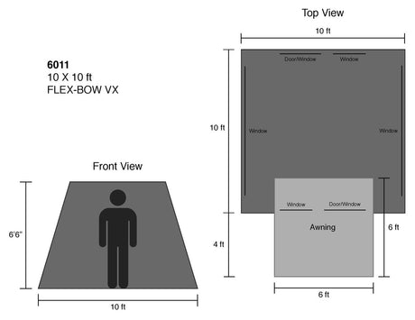 10x10 ft FLEX-BOW VX portable canopy with front and top views, featuring windows and an awning.