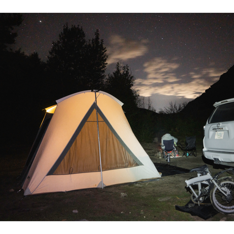 exterior view of a Flex-Bow VX tent at night