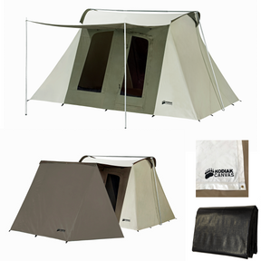 Kodiak Canvas camping tent in tan and green, durable, weather-resistant, with a grey protective footprint.