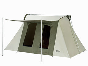 Spacious outdoor camping tent, beige and green, made from durable water-resistant material with large windows.