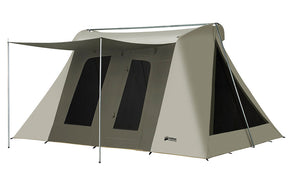 Kodiak Canvas Tent in tan color, durable fabric with large windows and awning for outdoor camping.
