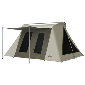 Beige canvas camping tent with large mesh windows and awning for ventilation and comfort.