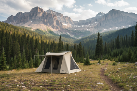 Spacious beige camping tent with mesh windows, set against a mountain backdrop in a lush forest.