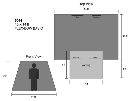 Flex-Bow Basic 10x14 ft canopy with awning, featuring door and window placements, suitable for outdoor use.