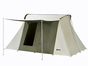 Spacious beige camping tent with large entrance and durable fabric, ideal for outdoor adventures.
